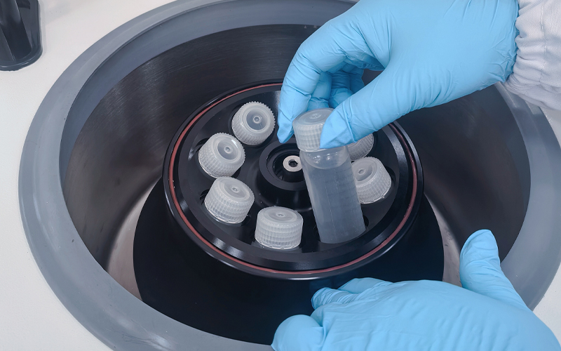 Laboratory personnel are placing 50 mL centrifuge tubes into the angle rotor of the centrifuge Laboratory personnel are placing 50 mL centrifuge tubes into the angle rotor of the centrifuge