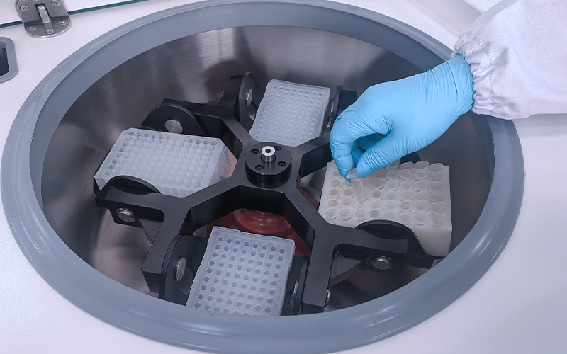 Laboratory personnel are placing centrifuge tubes into the adapters of the centrifuge's horizontal rotor Laboratory personnel are placing centrifuge tubes into the adapters of the centrifuge's horizontal rotor